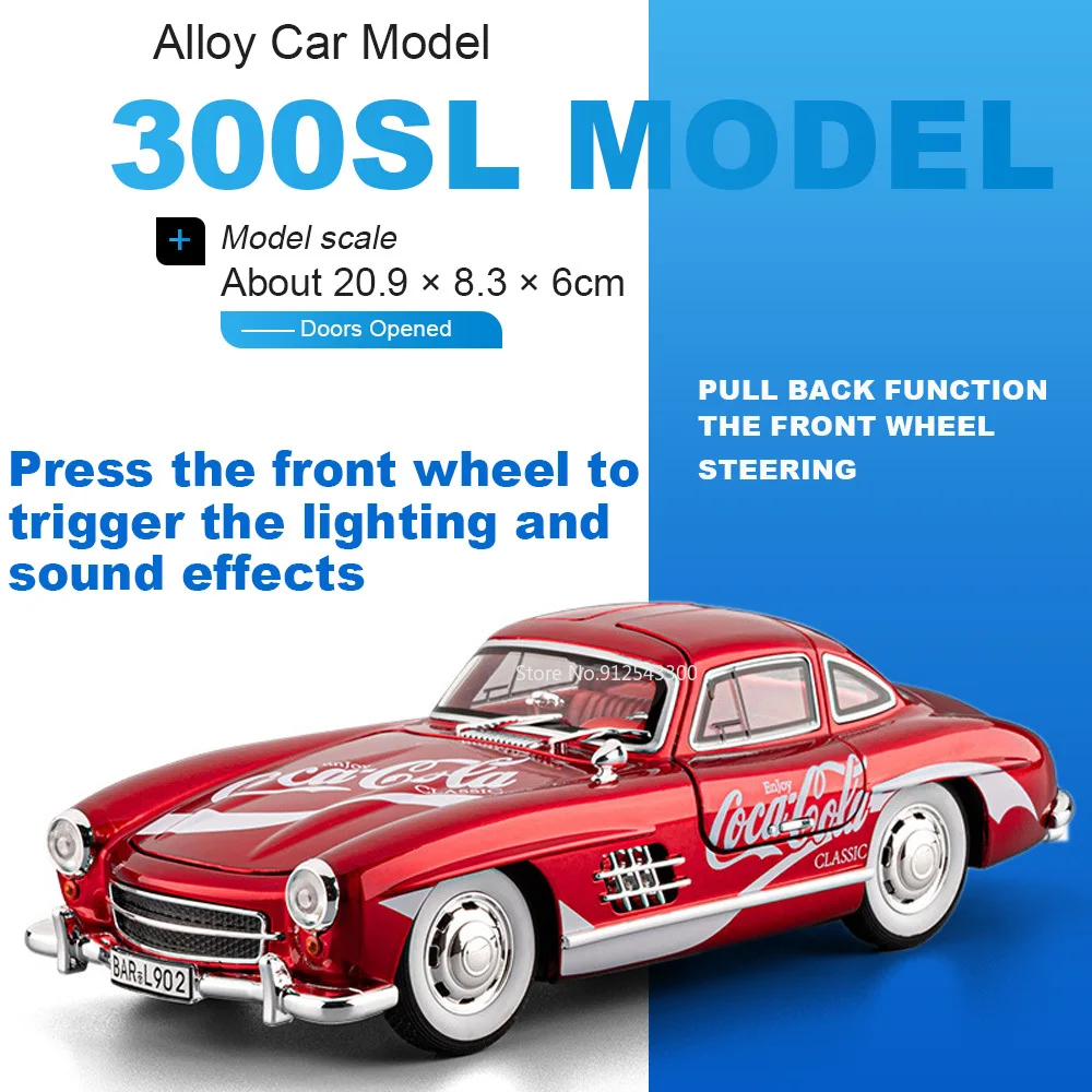 

1:24 300SL 500K Car Model Toy Doors Opened Sound Light Models Front Wheel Steer Shock Absorption Vehicle for Hobby Collectors
