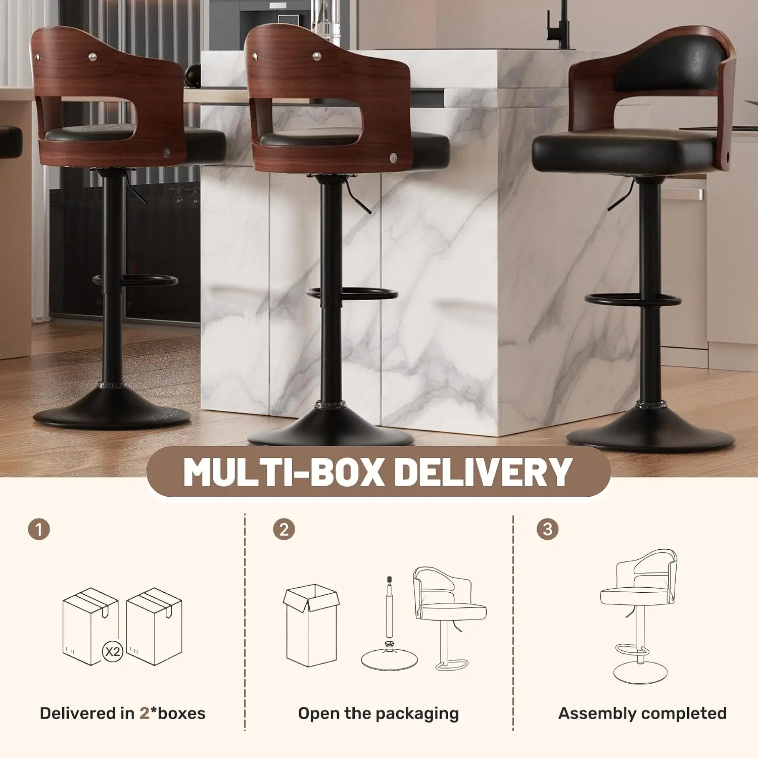 Modern Bar Stools Set of 3, Faux Leather Upholstered Swivel Bar Stools, Adjustable Counter Height Bar Chairs with Back for Kitch view 6