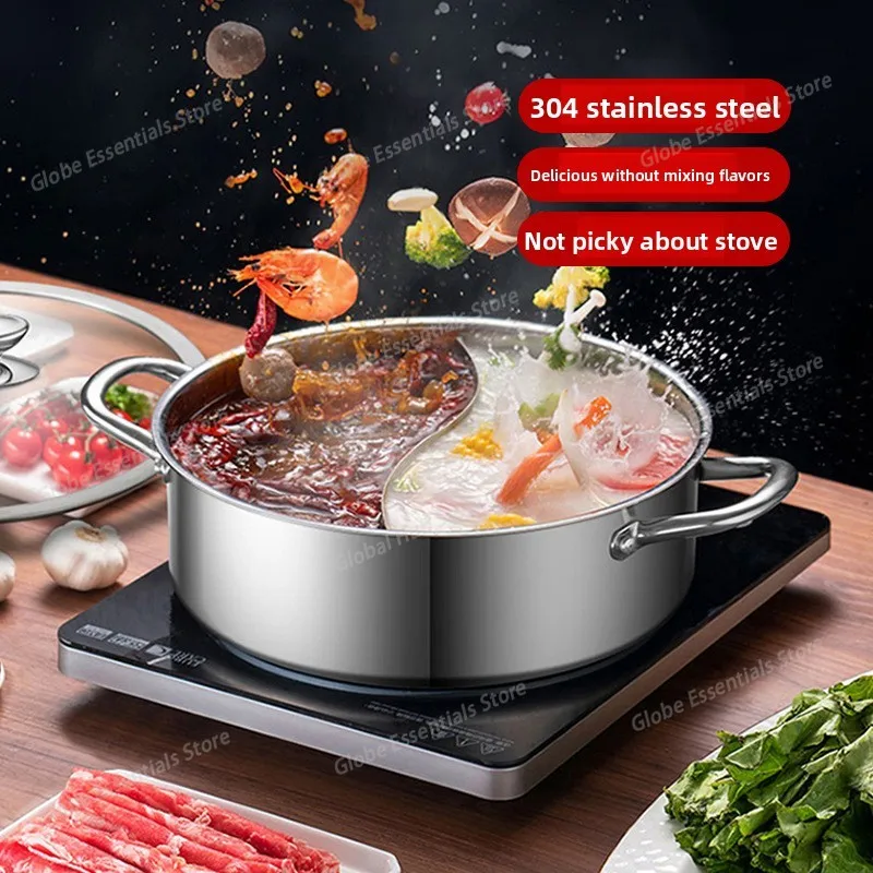 30cm Stainless Steel Twin Divided Double Pot Hotpot Cooker Gas Stove Compatible  Chinese Hot Kitchen Soup Cooking