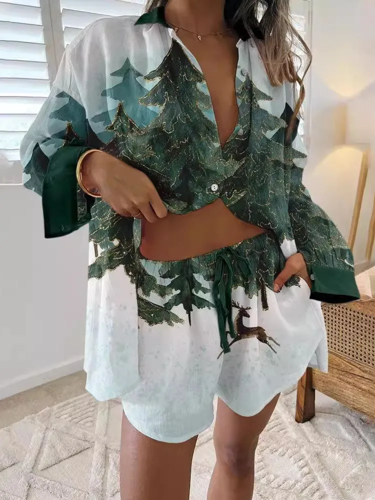 2-delige sets damesshirt met lange mouwen en shorts met wijde pijpen, shirt met modeprint, shorts voor dames, zomerse damesoutfits,