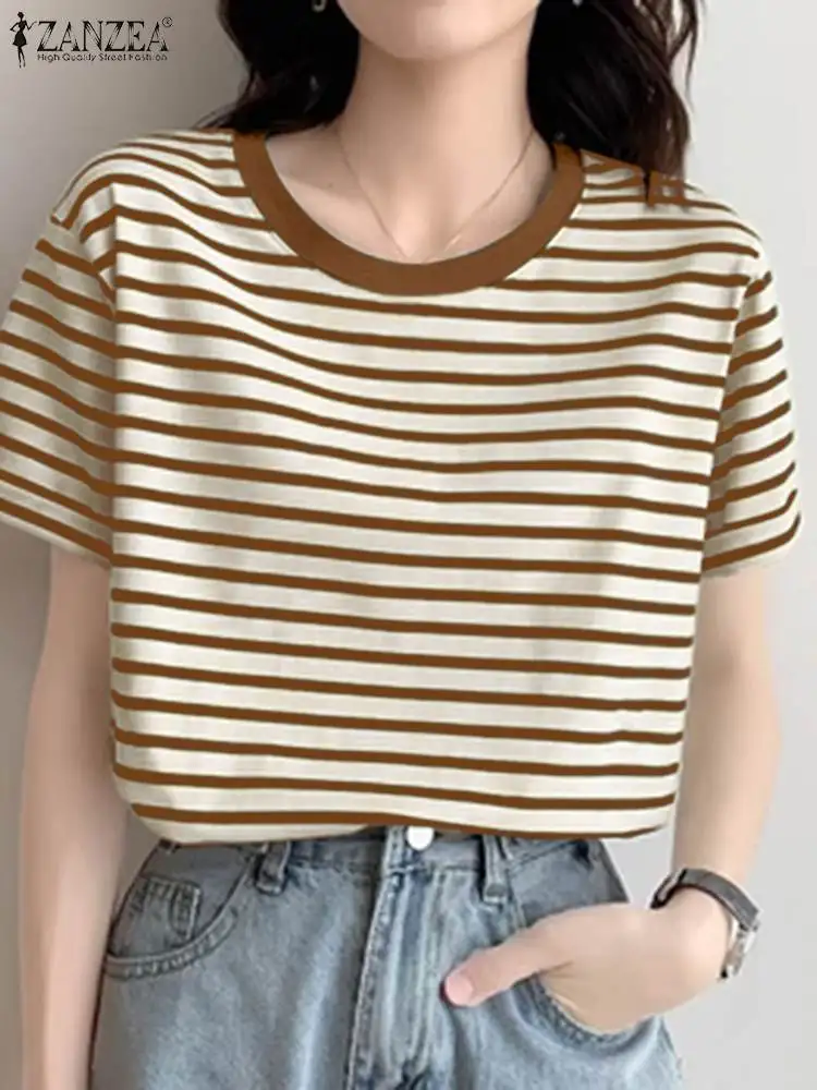 

ZANZEA Fashion Round Neck Tops Holiday Simple Summer Stripe T-shirts 2024 Women Korean Short Sleeve Tees Casual Loose Basic Tops