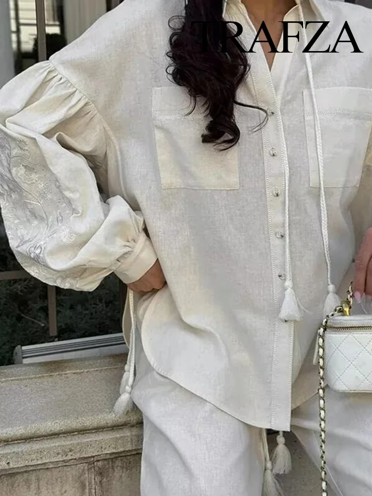 

TRAFZA Women's Autumn Cotton Linen Lapel Tassel Embroidered Long Sleeves Pockets Shirt+Elegant Elastic Waist Wide-leg Pant Suit