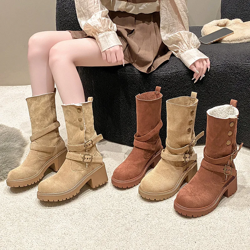 

Thick Sole 2025 Autumn New Over-the-Knee Two-Way Mid-Calf Boots for Women Vintage Versatile Western Cowboy Boots