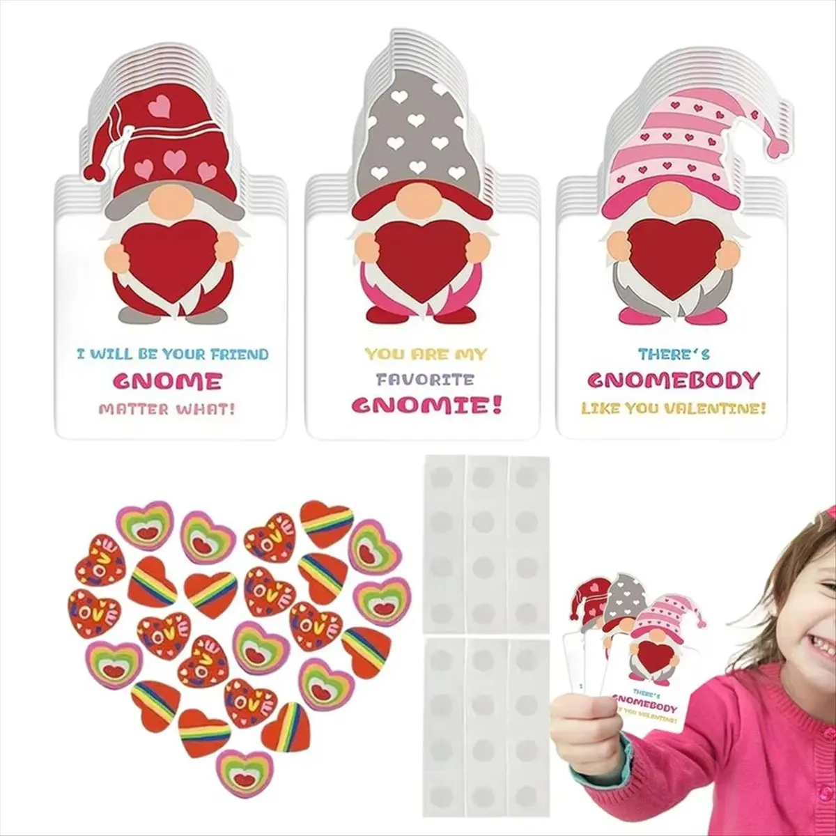 AA83 Gnome Valentines Day Cards 24X Valentine Exchange Card with Heart Erasers Valentine Day Greeting Cards for Children