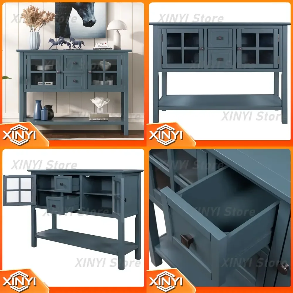 Double Glass Cabinet Door Porch Table with Two Drawers and Open Shelf for Home Office Living Room Bedroom Navy Blue Farmhouse