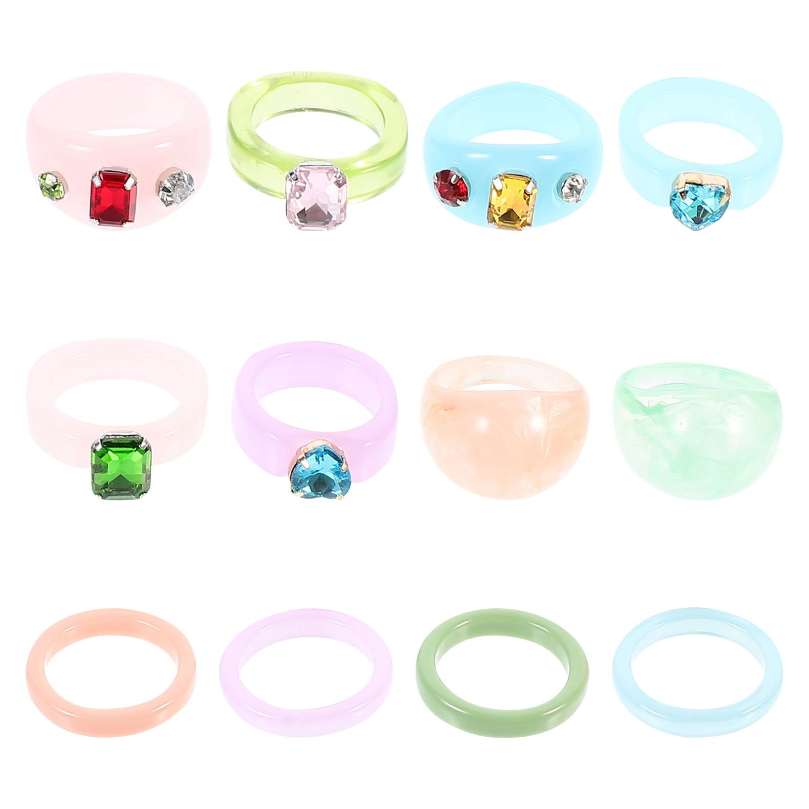 

12pcs Resin Ring Set Jewelry For Women Vintage Candy Colorful Acrylic Finger Rings Chunky Retro Party Daily Wear Anniversary