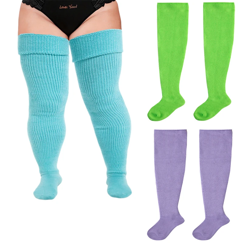 Damen-Kollektion: Farbige, dicke, oberschenkelhohe Socken in Übergröße für große Mädchen – Beinwärmer aus Acrylgarn, dehnbar, einfarbig, lange Strümpfe – Detail 1