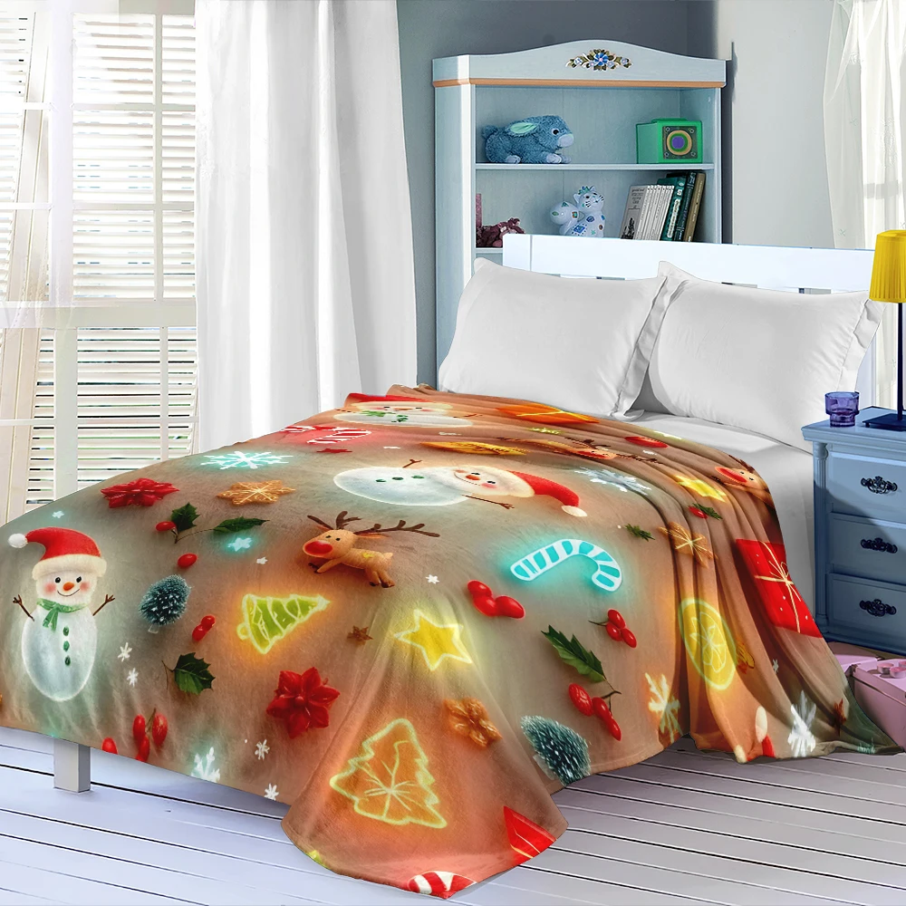 Christmas 3D Stickers Cute Soft Flannel Blanket Warm Cozy Throw Blanket for Bedroom Living Room Fuzzy Plush Bedspread Gift