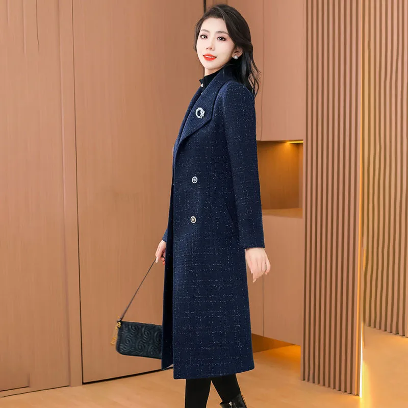 Chic Casual Woolen Jacket Women Overcoat Spring Autumn 2024 New Loose Thickened Mid-Length Belt Double-Breasted Wool Trenchcoat