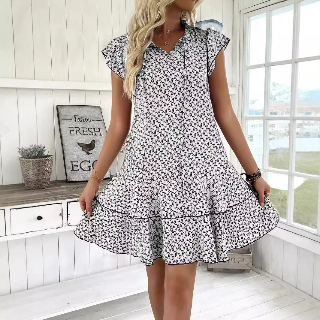 2025 Elegant Women's Casual Loose Ruffle Mini Dress Bohemian Printed V-neck Lace-up Small Flying Sleeve Dresses For Women S-3XL image 4