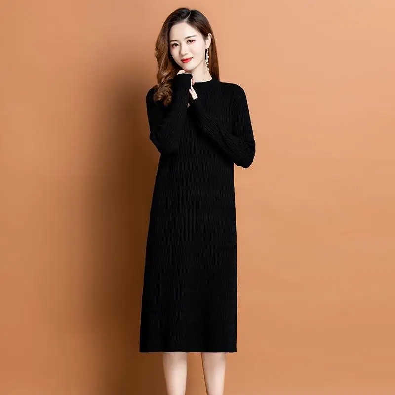 New Fashion Knitwears Sweater For Women\'s Loose Autumn Winter Bottom Dress Round Neck Knit Long Sleeve Pull Femme Dresses 4XL