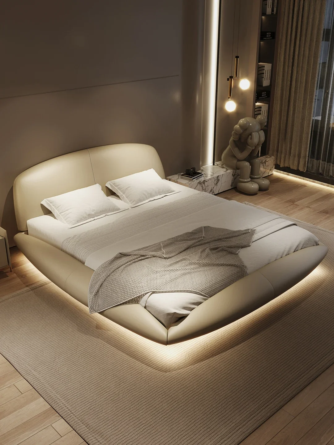 

Роскошная кожаная кровать в главной спальне, подвесная кровать, большая плоская кровать