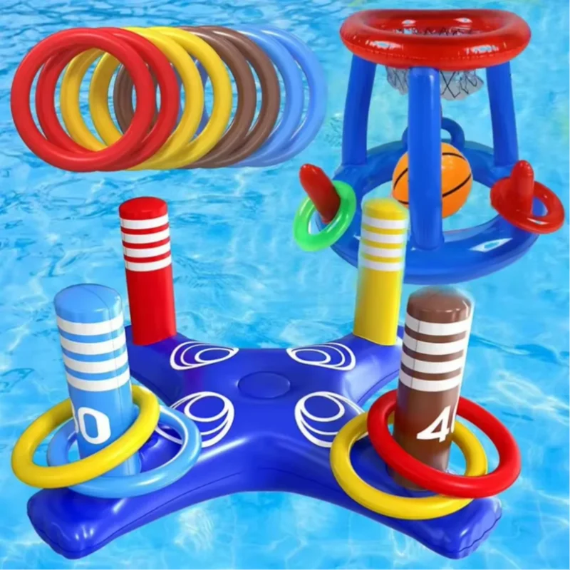 Inflatable Basketball Hoop Pool Floats Toy Set Floating Cross Ring Toss Toys For Kids Adults Swimming Pool Floating Toy Game Set