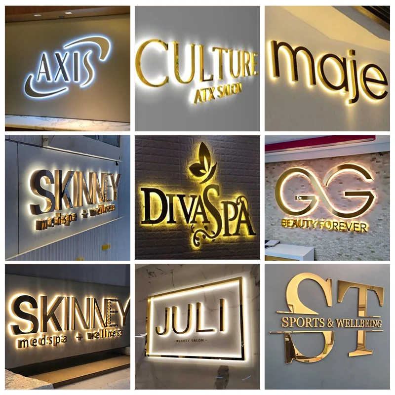 Custom Business Logo Large Metal Letters Company Logo Outdoor 3D Metal Sign Office Storefront Illuminated Backlit Stainless Sign