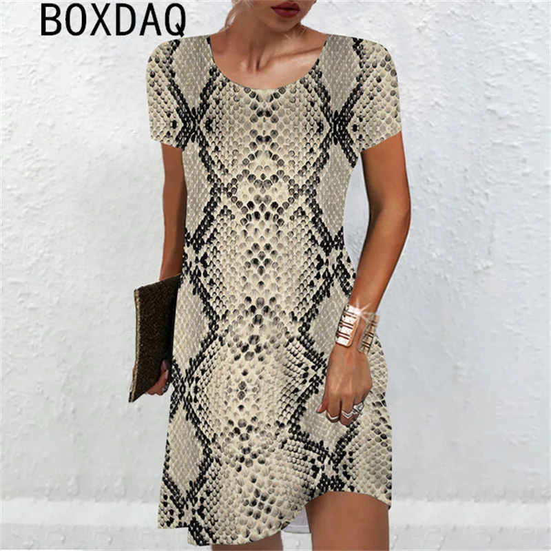 

3D Sexy Snake Print Mini Dress Big Size Women Sexy Short Sleeve O-Neck Loose Dress Summer Beach Party Dress Sundress Vestidos