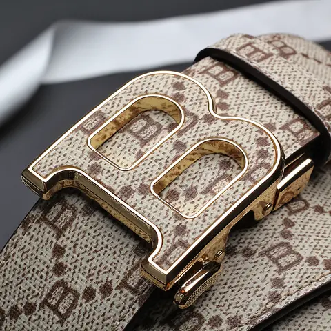Belt Classic B Print Leather Belt for Men - Adjustable Ratchet Buckle Dress Belt for Suits & Trousers
