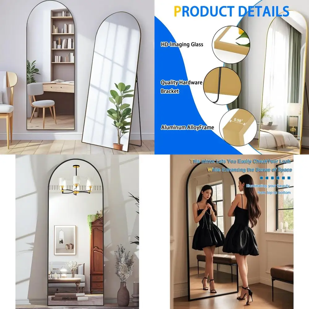 Espejo arqueado hasta el suelo con soporte, espejo de cuerpo completo para dormitorio, sala de estar o armario, mejora la decoración interior
