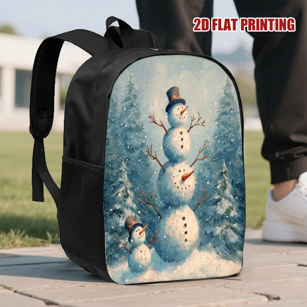 

1 Stylish Christmas Snowman Family 2D Flat Pattern Printed Backpack - Large Capacity Travel Shoulder Bag with Washable Zipper