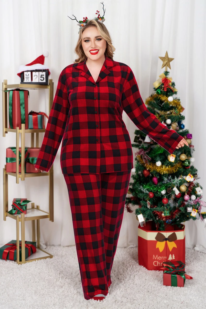 Flycurvy Plus Size Women\'s Christmas Pajama Red Chequered Print Long Sleeve Buttoned Sleepsuit Autumn Winter Christmas Tops 2024