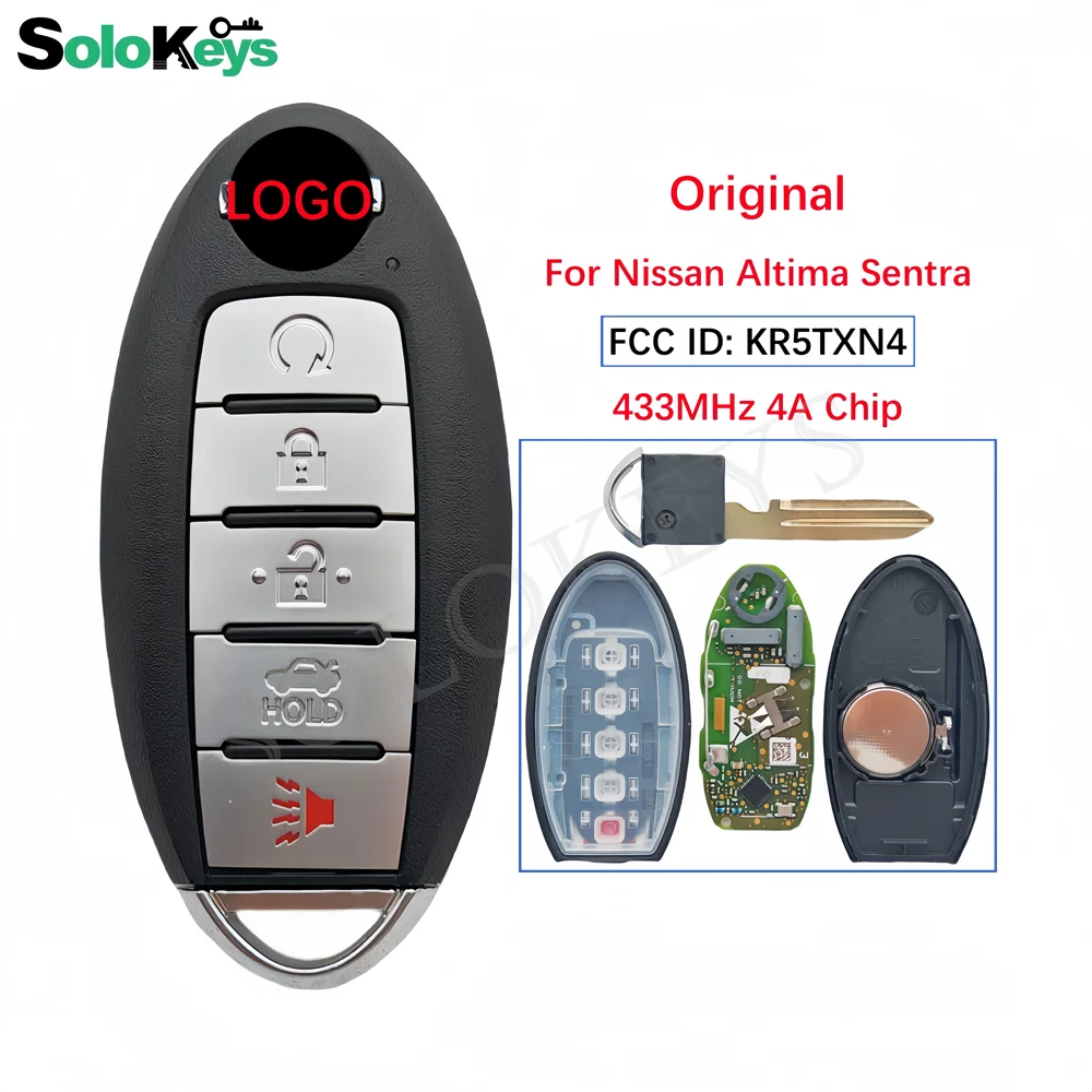 

SOLOKEYS FCCID: KR5TXN4 Original Smart Remote Car Key For Nissan Altima Sentra 2020-2022 433MHz 4A Chip 5 Buttons With LOGO