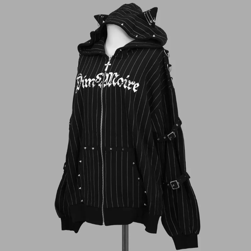 Autumn American Vintage Y2K Punk Coat Women Zipper Striped Loose Cat Ear Hoodie Subculture Heavy Craft Street Style Sweatshirt