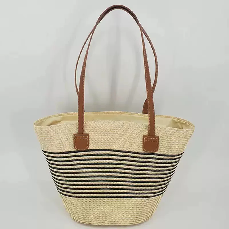 CLAREGQI  Women's Striped Straw Tote Bag, Large Capacity Woven Beach Bag, Casual Shoulder Bag with PU Leather Handles, Summer Tr view 3