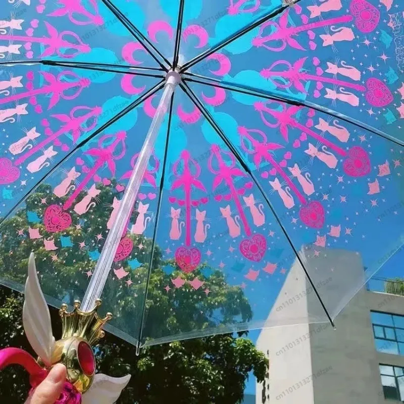 Cute Sailor Moon Transparent Umbrella, Glowing Magic Wand Hand‑Painted Sakura Anime Princess Parasol