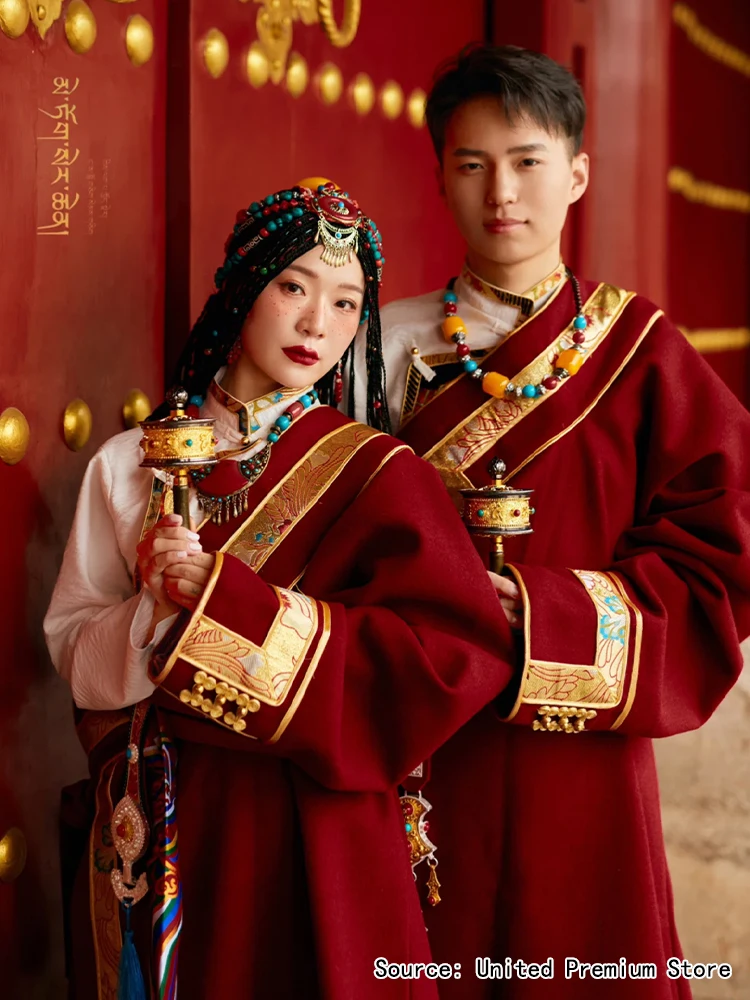 

Red Tibetan Double-Faced Coat Couple Set – His & Hers Long Winter Cloak with Pockets, Warm Festival Outfit, Plus Size Loose Per