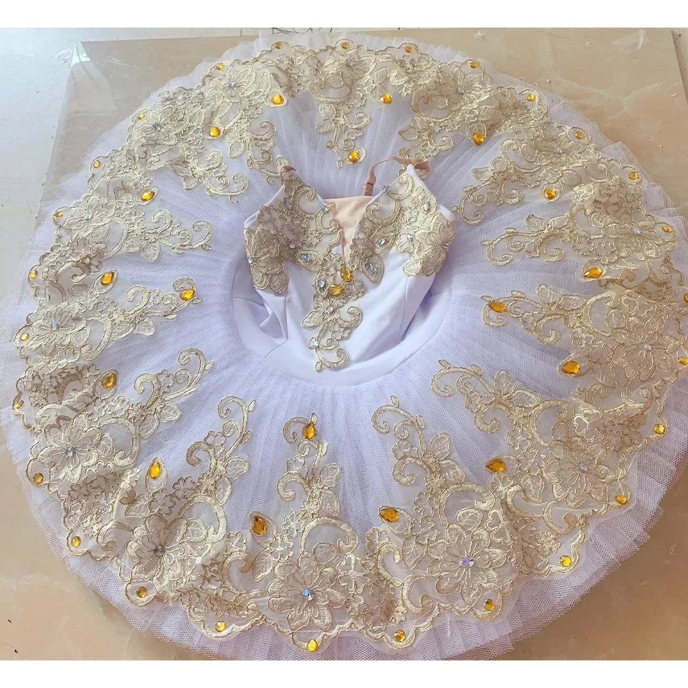 

Белая профессиональная балетная пачка для детей, девочек, женщин и взрослых, золотые кружевные балетные костюмы, праздничное платье балерины для девочек