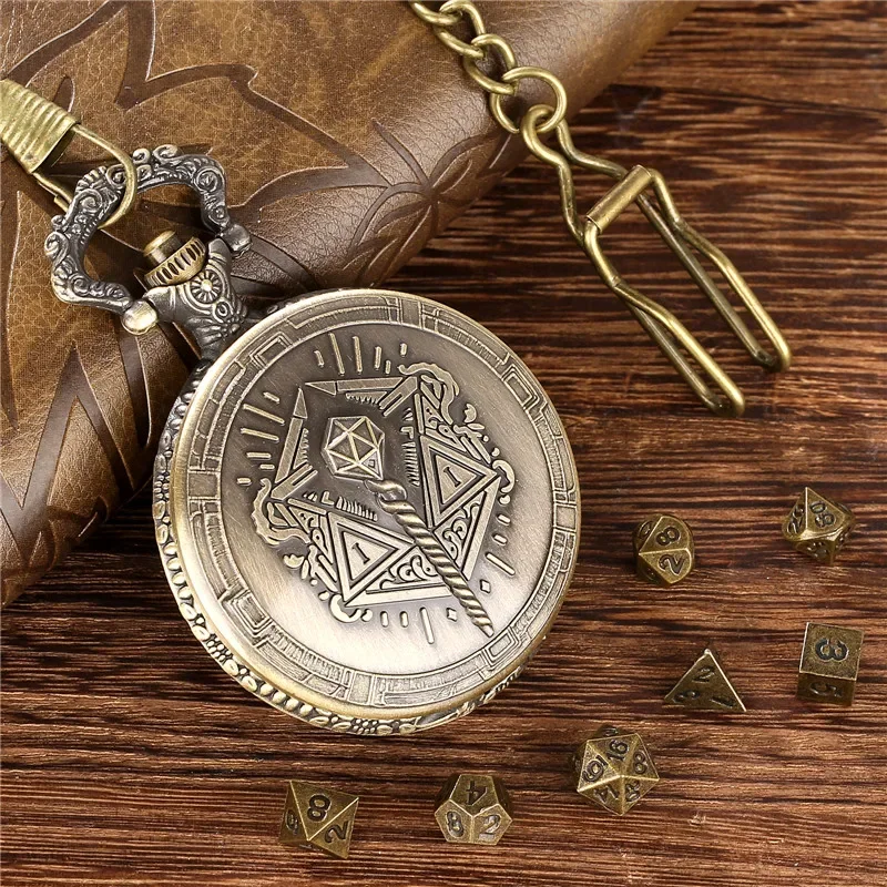7Pcs Tiny Polyhedral Metal Dice Set for Table Role Play Gaming Dices Antique Magic Wand Pocket Watch Case with Pendant Chain