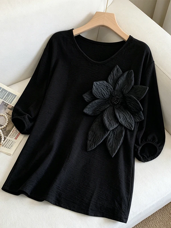

plus Size Summer New Women's Slimming High-End Large Flower Short Sleeve T-Shirt Elegant Gentle Short Sleeve Top Korean Style...