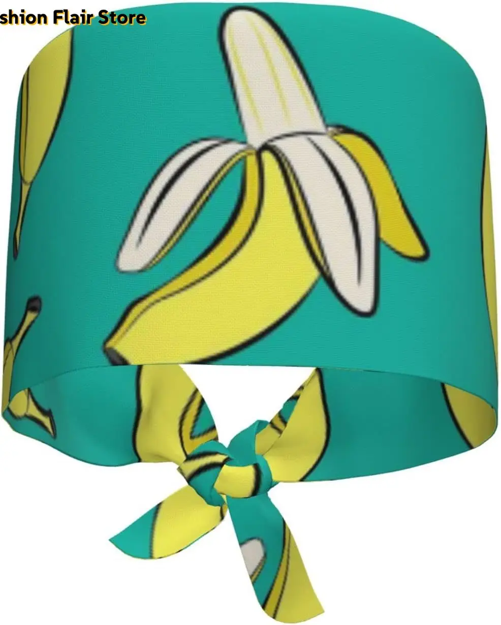 Bananas on Green Adjustable Working Cap Scrub Hat Sweatband, Fashional Bandage Tie Back Nurse Head Cover for Women Men