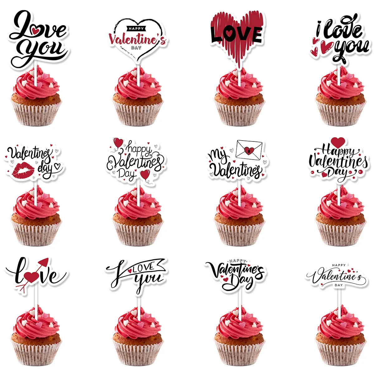 12/24pcs Valentine's Day Cupcake Toppers Sweet I Love You Kiss Heart Cupcake Picks Happy Valentine's Day Theme Cake Decorations