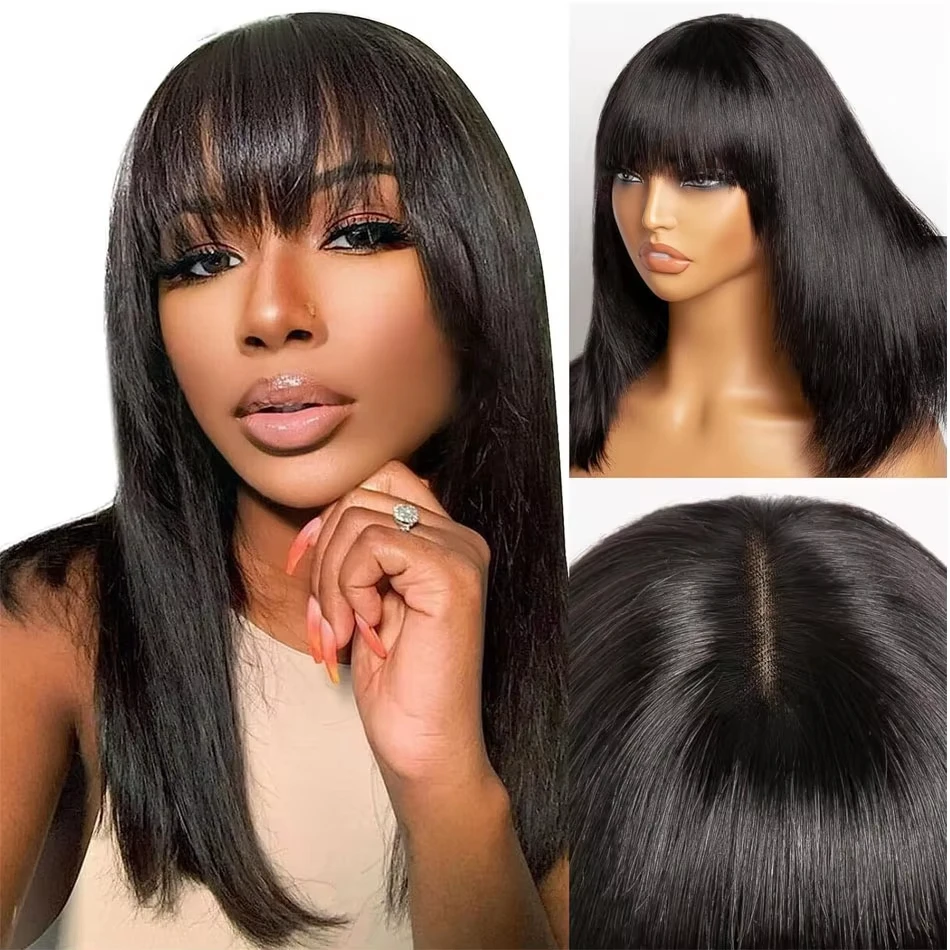 Bone Straight Short Bob Wig With Bangs Brazilian Glueless Wig Remy Hair 3x1 Lace Middle Part Wig Human Hair For Black Women