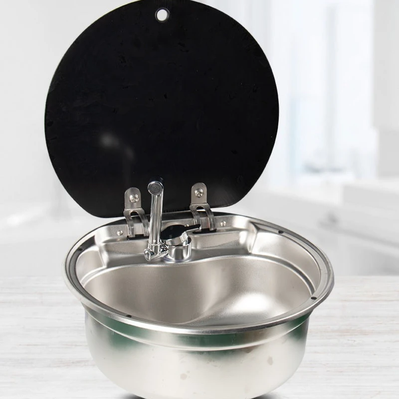 

RV sink with cover, RV wash basin 304 stainless steel with glass cover flip folding basin modification