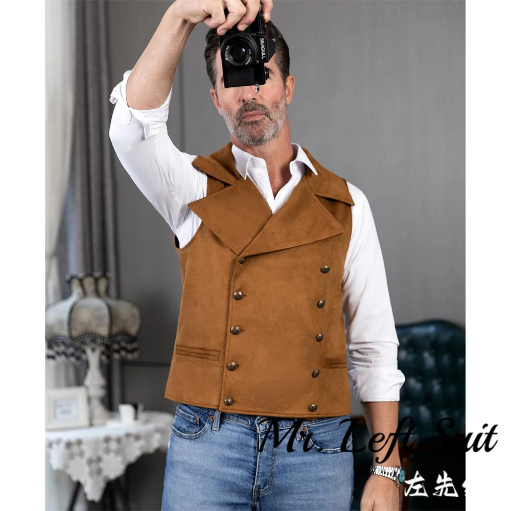 Mens Suit Suede Double Breasted Vest Classic Groomsmen Wedding Waistcoat Leather Big Lapel