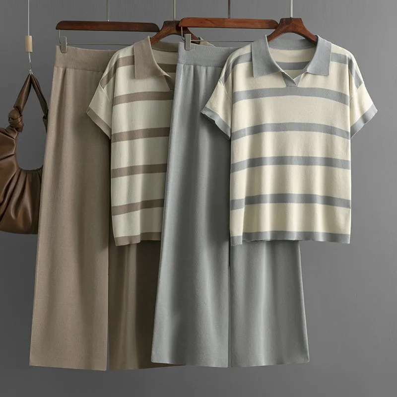 Letnie topy z kołnierzykiem polo w paski Modna koszula z dzianiny z krótkim rękawem Casual Pure Color Luźne spodnie z szerokimi nogawkami Dwuczęściowy zestaw