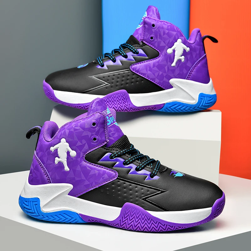 A pair of children's four-season high-top leather basketball shoes, wear-resistant and comfortable sneakers, sizes 31-40，CT-2036