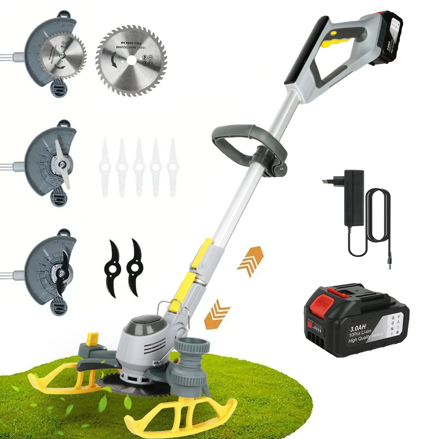 Tondeuse à gazon électrique sans fil 2 en 1, longueur réglable, 3 types de lames, outils de jardinage pour branches, roseaux, arbustes