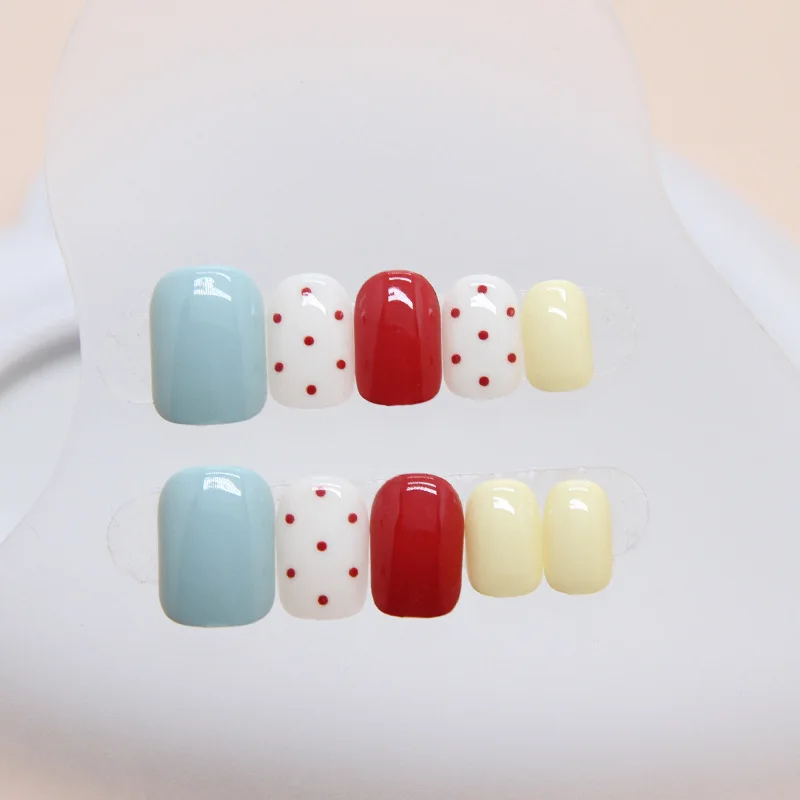 

24Pcs Short Round Press on Nails - Cute Cream White Base with Burgundy Polka Dots & Pastel Blue, Red, Yellow Solid Color