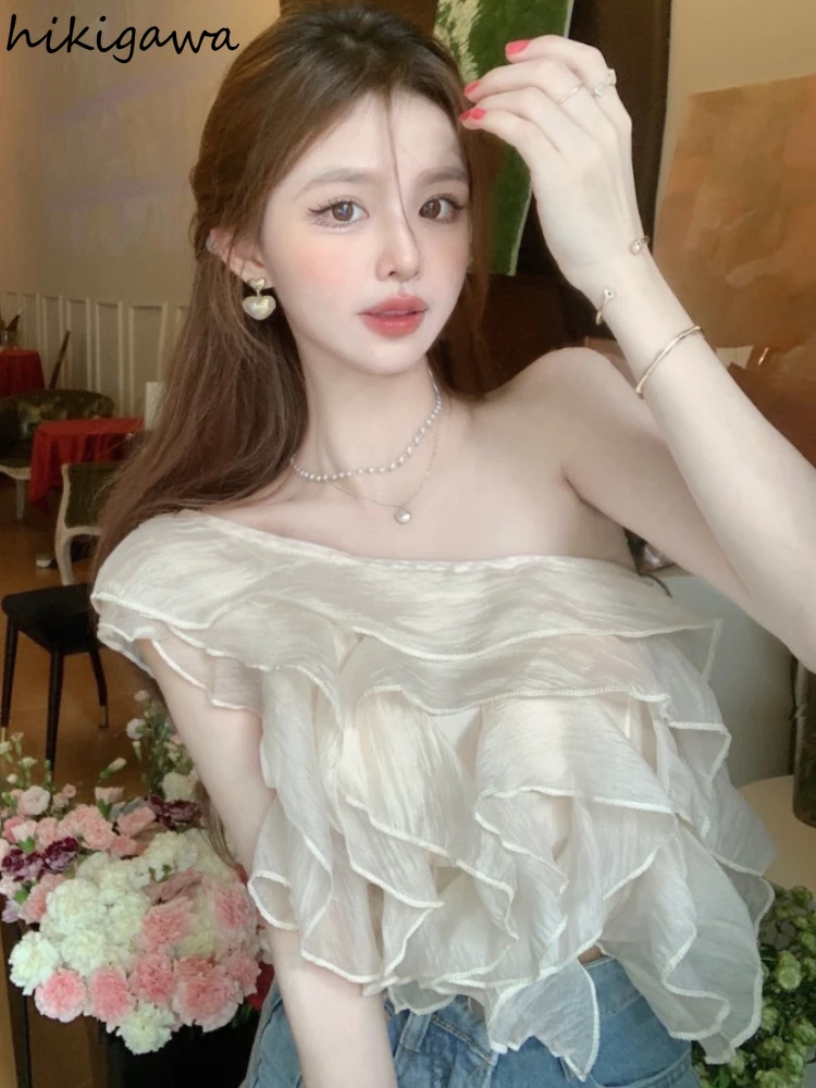 2024 Blusas De Mujer Summer Blouse for Women Off Shoulder Chiffon Crop Tops Sweet Ruffles Solid Color Sexy Blouses Shirts 27v089