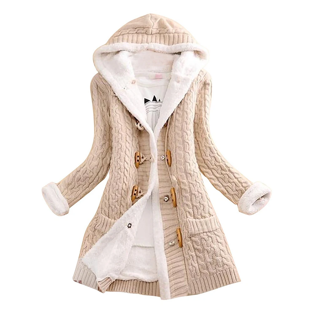 Women Hooded Cardigans Thick Plush Lined Knitted Sweater Coat with Pockets Hip Length for Casual Daily Winter Outwear H9