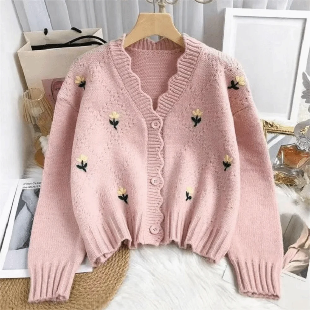 

Candy Color Short Knitted Sweater Flower Embroidery Long Sleeve Women Knitted Cardigan INS Slim Korean Style Sweater Winter
