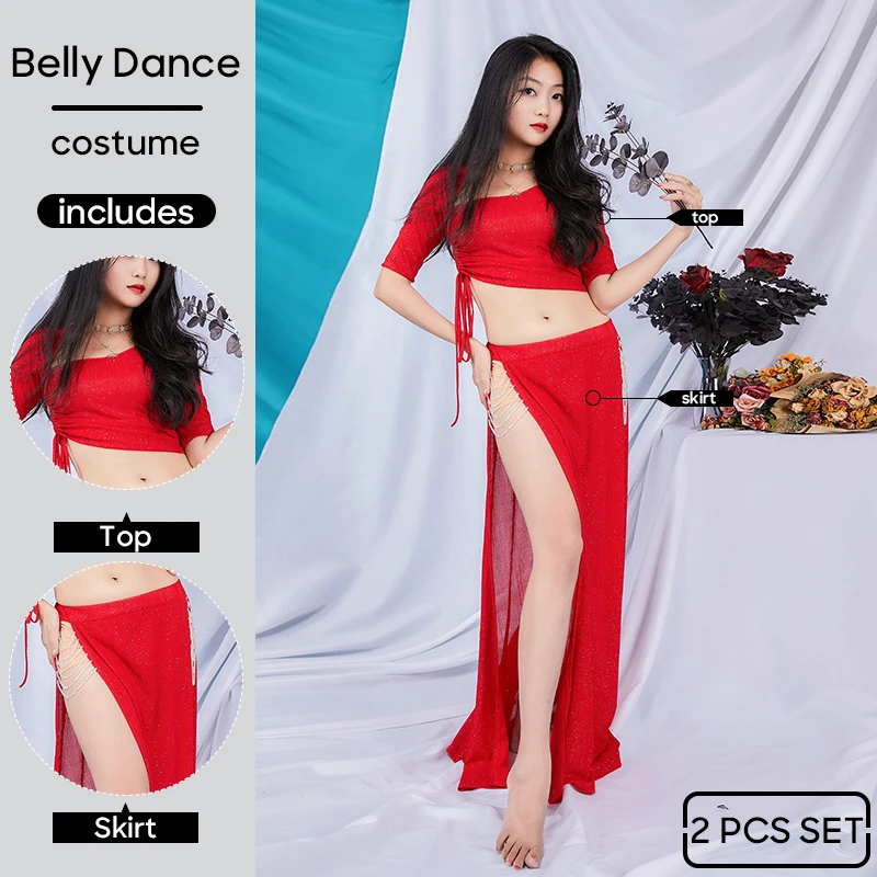 Professtional Belly Dance Costume 2 PCS Set Practice Clothes Top and Skirt For Adult Women Performing Suit Wearing Outfit