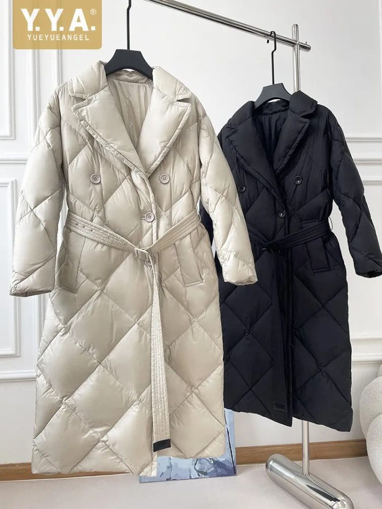 

Vintage Women Long White Duck Down Jacket Belted Slim Fit Thick Warm Overcoat Female Winter Outside Windbreaker Coat Outerwear