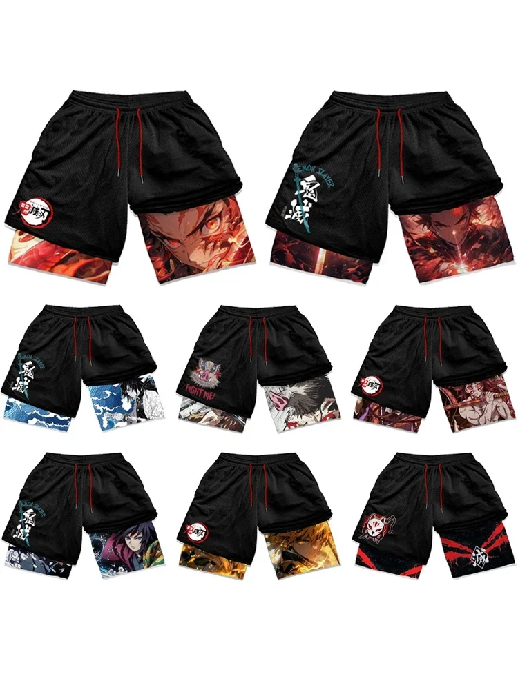 Demon Slayer Anime hommes 2 en 1 short de Performance à séchage rapide short de Fitness de gymnastique Jogging course short d'entraînement de loisirs en plein air