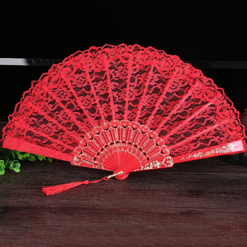 Gothic Mesh Folding Fan With Tassels Single Layer Lace Handheld Fan Performance Dancing Party Photography Props Home Decoration