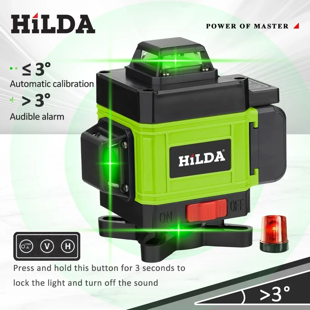 HILDA 4D 16 Lines Green Laser Level 360° Full Angle Self Leveling Horizontal Vertical Cross Line Laser Level for Construction