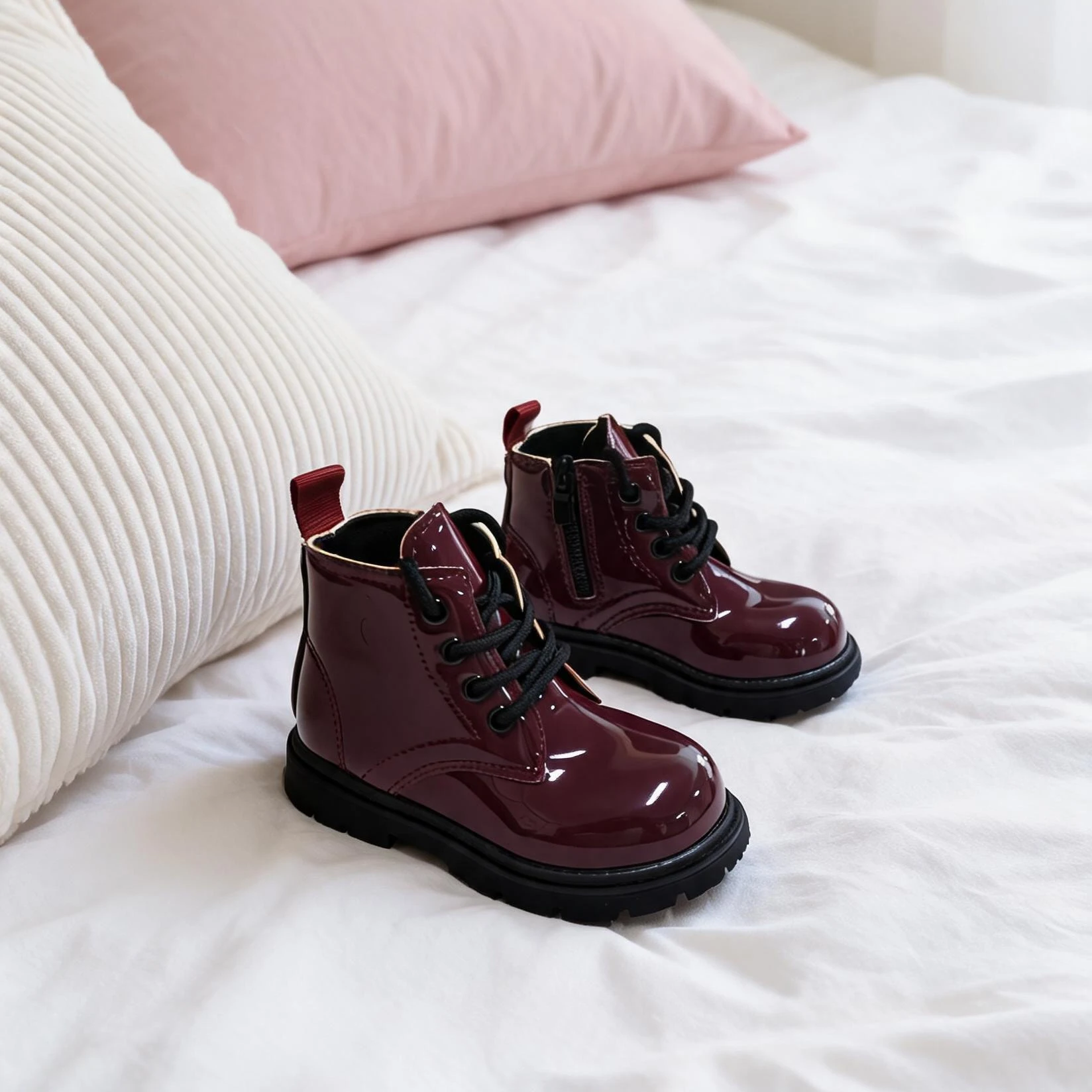 COMFY KIDS Boys Girls Burgundy Patent Glossy Ankle Boots Kids Lace Up Side Zipper Platform Fashion Daily Short Boots
