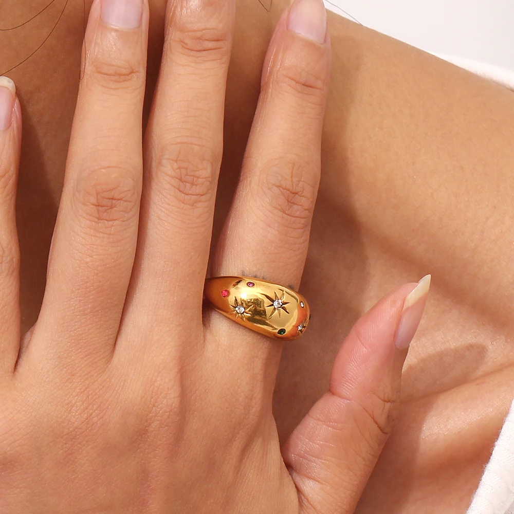E.B.belle 2024 Collection Colorful Crystal Zircon Gem Star Pattern Bold Dome Stainless Steel Rings For Women Gold Plated Ring